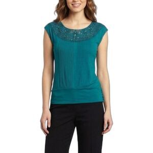 Free People Jade Green Embellished Pleated Front Cap Sleeve Banded Top Sz M